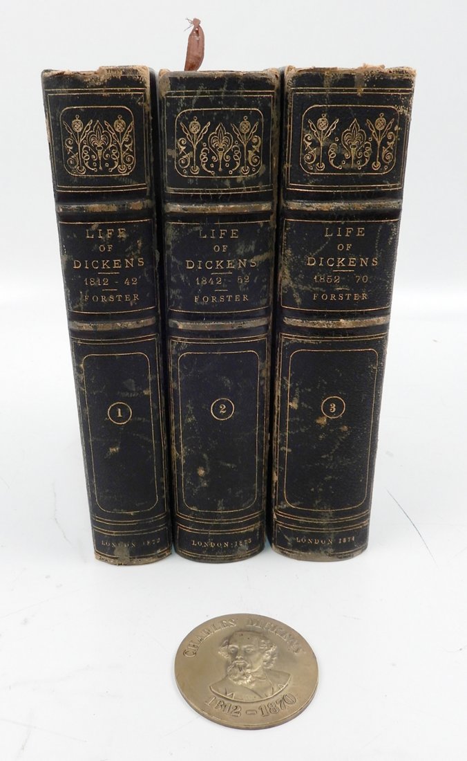 The Life of Charles Dickens 3 volume set: The Life of Charles Dickens 3 volume set, by John Forster, Chapman and Hall, 193, Piccadilly, London, 1/2 bound gilt leather and marbled boards, TEG, 1872, ex-Libris bookplates in all three volumes