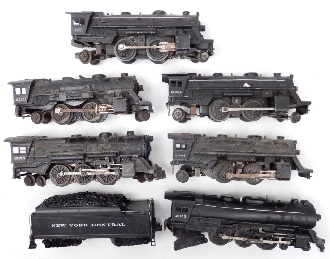 Grouping of Lionel O and O27 gauge locomotives: Grouping of Lionel O and O27 gauge locomotives, seven items total, includes two No. 1684, No. 1655, No. 2025, No. 2055, and No. 6110, and a New York Central tender, selling as is