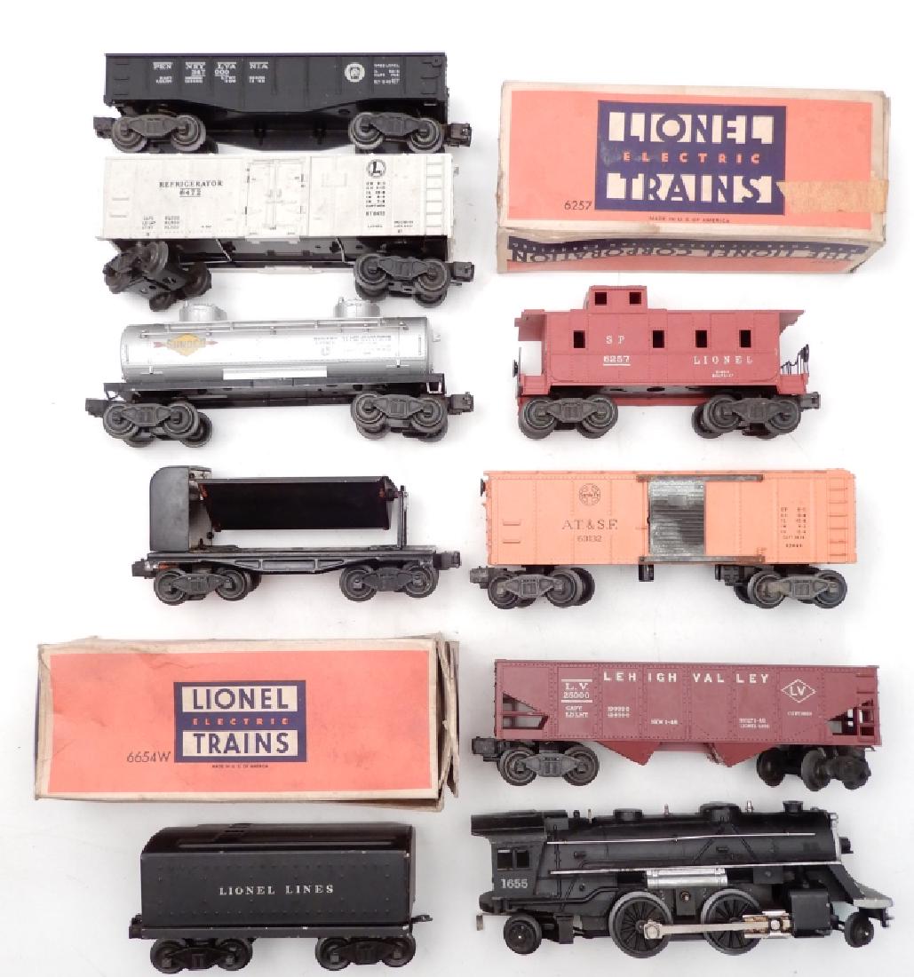 Lionel O27 gauge locomotives and freight cars: Lionel O27 gauge locomotives and freight cars, includes No. 1655 steam locomotive, No. 6654W tender in box, No. 6462 gondola, No. 6456 hopper, No. 3464 boxcar, No. 6465 tank car, No. 6472 refrigerator