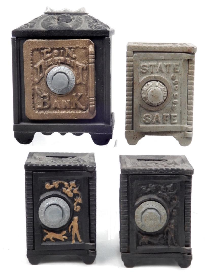 Four safe banks: Four safe banks, includes Coin Deposit Bank, 5 1/2" x 4" x 3 1/2", State Safe, 4 1/8" x 2 3/4" x 3", and two other safe banks, 3 7/8" x 2 3/4" x 3"