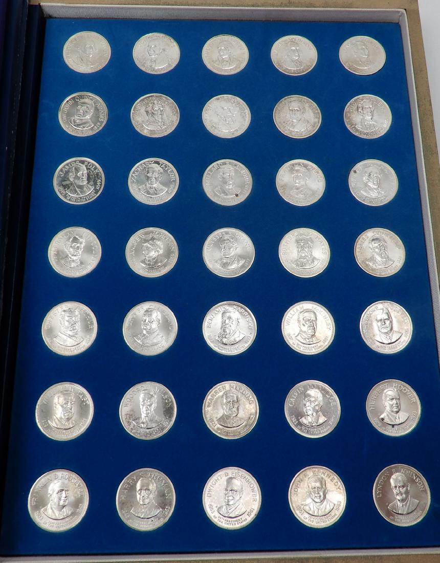 Franklin Mint Treasury of Presidential Commemorative: Franklin Mint Treasury of Presidential Commemorative Medals, 35 sterling silver medals with album, with purchase receipt from 1968, COA Limited Edition of 20,000 sets of the 26mm size, with slipcase,