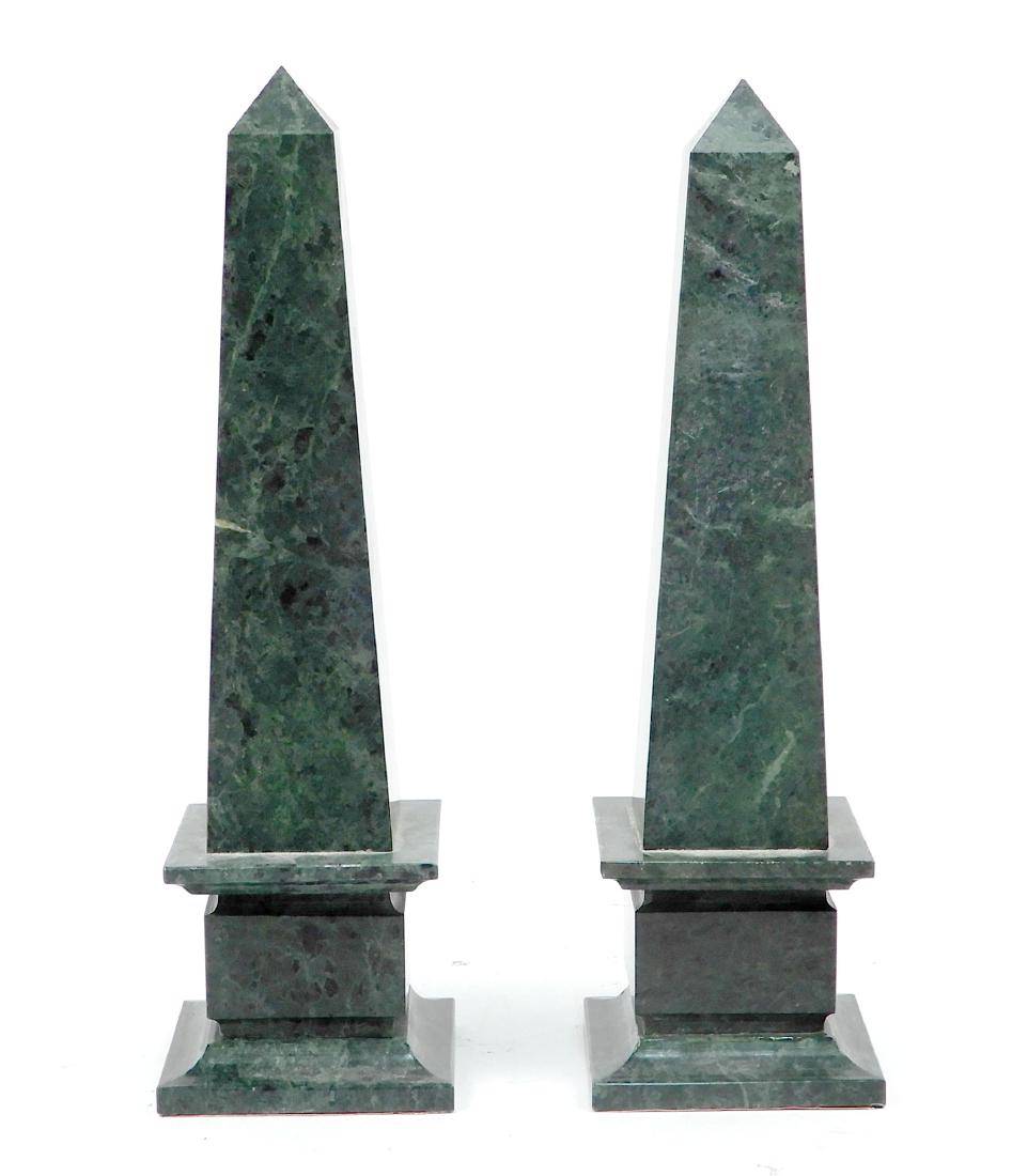 Pair of Mottahedeh hardstone obelisks: Pair of Mottahedeh hardstone obelisks, one with label on bottom, 10 1/4" x 2 7/8" x 2 7/8"