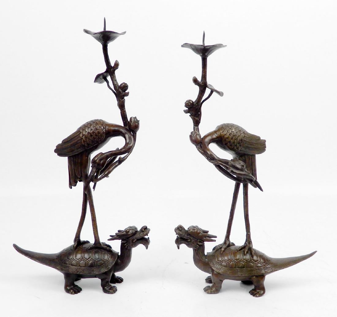 Pair of Asian bronze candle holders (1 of 4)