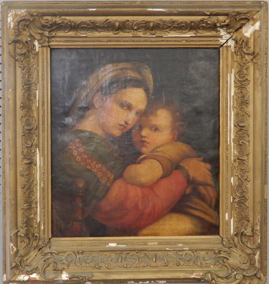 (After Raphael) Peter Ancora oil on canvas: (After Raphael) Peter Ancora oil on canvas "Madonna Della Sedia", two labels on verso, sight size 22" x 19", frame size 32" x 29"