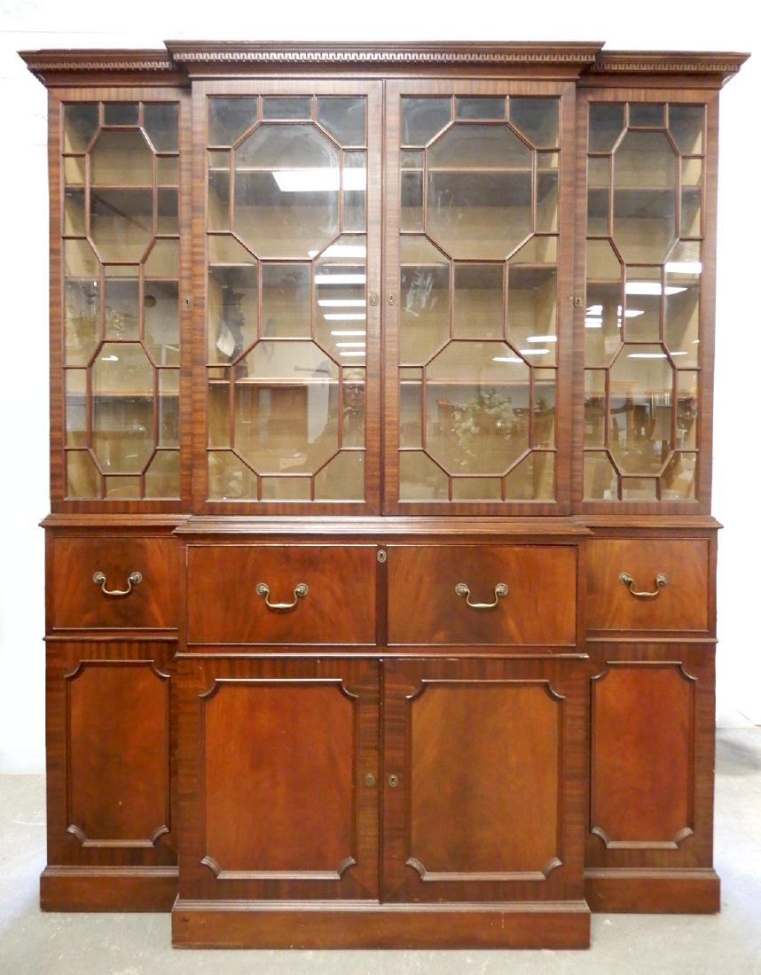 Westing, Evans & Egmore mahogany secretary bookcase: Westing, Evans & Egmore mahogany secretary bookcase, dentil molded cornice over four glazed doors, each with fifteen individual panes, the lower section with center desk drawer flanked by short drawer