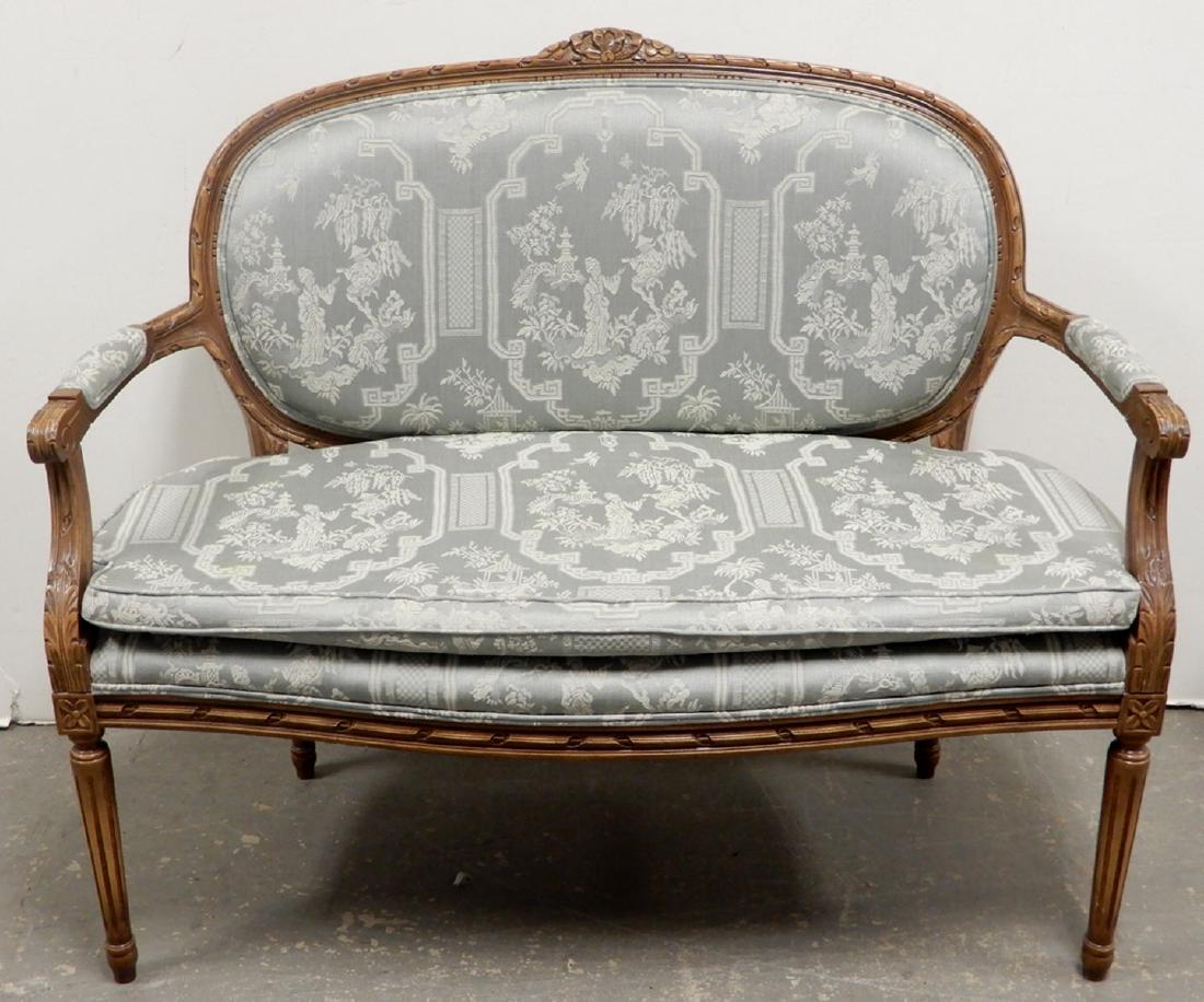 Louis XVI style settee: Louis XVI style fruitwood and upholstered settee, 40" x 46 1/2" x 21 1/2"