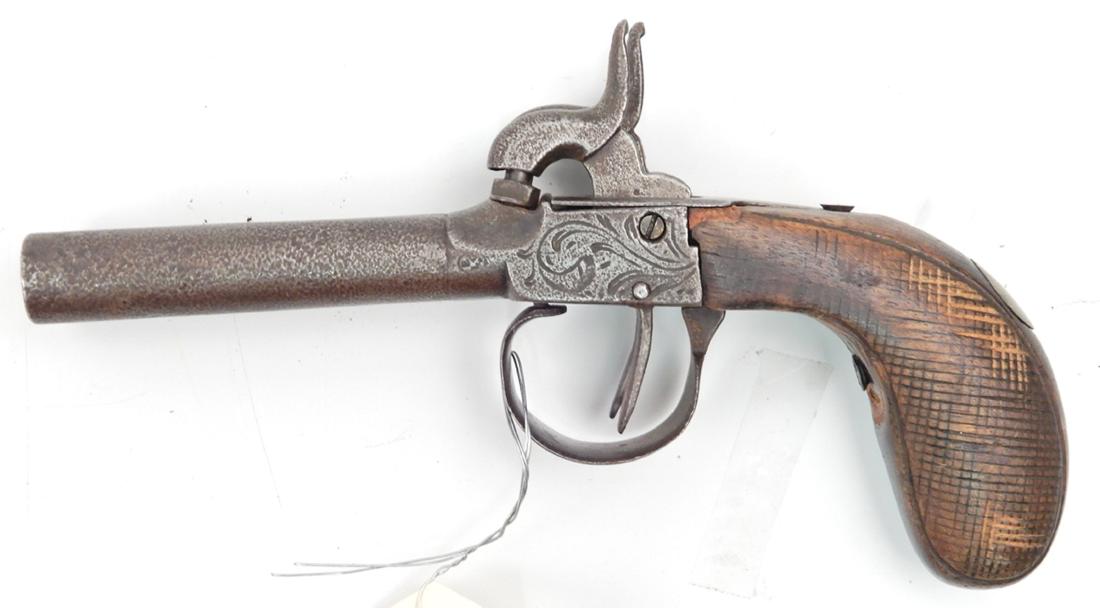 Unknown Derringer cap & ball black powder pistol: Unknown Derringer cap & ball black power pistol, side by side, 3/8" bore, two shot, no serial number, barrel length 3", overall length 7", C&R N/A, Instacheck NO
