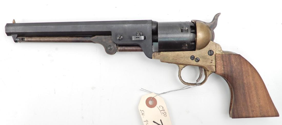 Cap & ball black powder .38 caliber revolver: Cap & ball black powder .38 caliber revolver, unknown maker, Made in Italy, open hammer, six shot, serial number 94074, barrel length 7 1/2", overall length 13 1/4", C&R N/A, Instacheck NO
