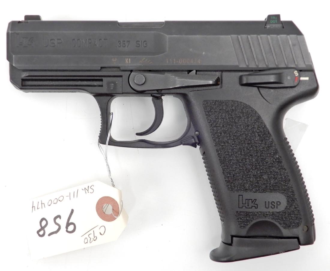 Heckler & Koch semi-automatic .357 SIG pistol: Heckler & Koch semi-automatic .357 SIG pistol, (Sterling, VA), double action, open hammer, ten shot, model USP, magazine feed, serial number 111-000474, barrel length 3 3/8", overall length 6 3/4", C&