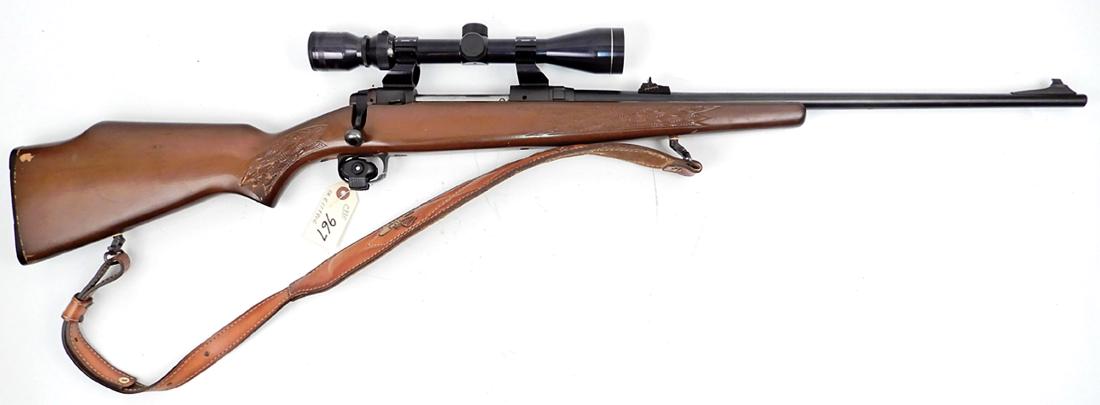 Stevens 30-06 caliber 110E Series K rifle: Stevens 30-06 caliber 110E Series K rifle, bolt action, four shot, internal magazine, serial number E179806, with adjustable open sights, Tasco 3-9 scope and leather sling, barrel length 22", overall