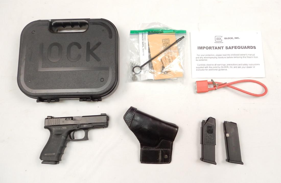 Glock semi-automatic 9mm model 19 Gen 4 pistol: Glock semi-automatic 9mm Model 19 Gen 4 pistol, fourteen shot, magazine feed, serial number PRB582, Austria 9x19, with black leather belt clip holster and two spare magazines, loading tool, factory ha