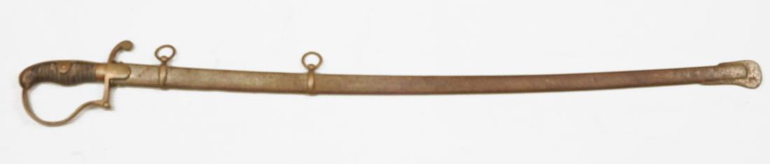Prussian Officers sword in scabbard: Prussian Officers sword in scabbard, sharkskin and wire grip, brass hilt, etched blade on sides and top edge, blade length 33", overall length 39"