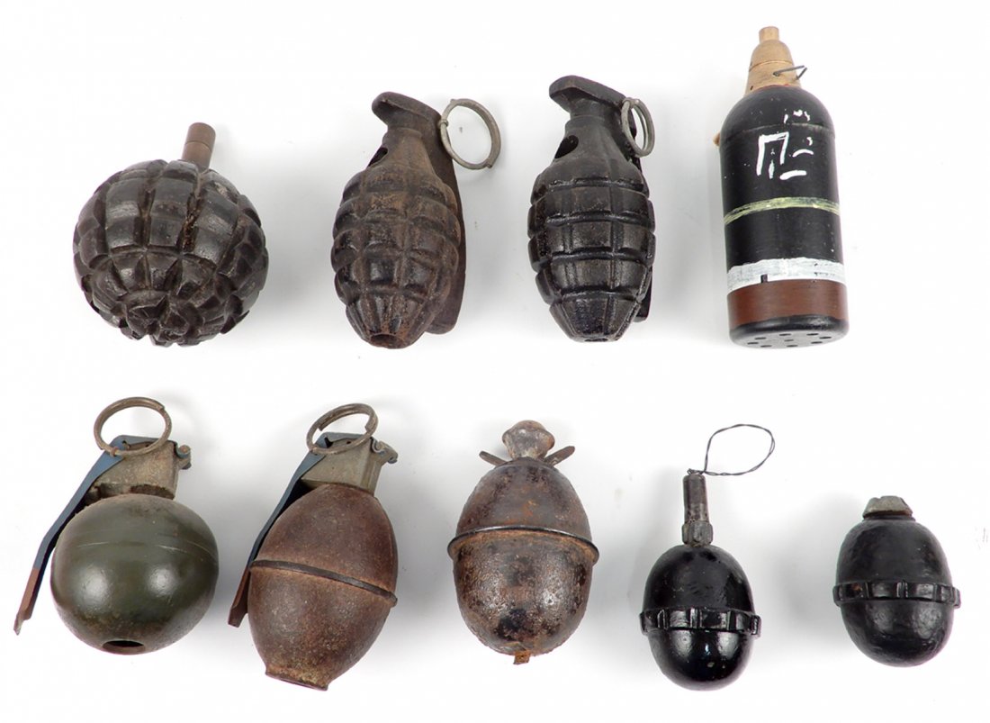 Nine practice grenades: Nine practice grenades, includes RFX55 S-10, one marked Korea, one painted, measures range 3" high to 5 3/4" high