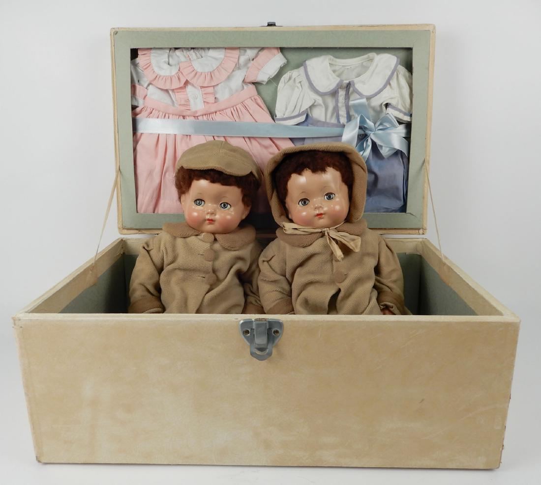 1940's Effanbee Mickey and Janie in original trunk: 1940's Effanbee Mickey and Janie in original trunk, two dolls, in original outfits with hats and shoes, and additional outfit for each, both marked on head Effanbee 1942, measures 19" tall, trunk meas