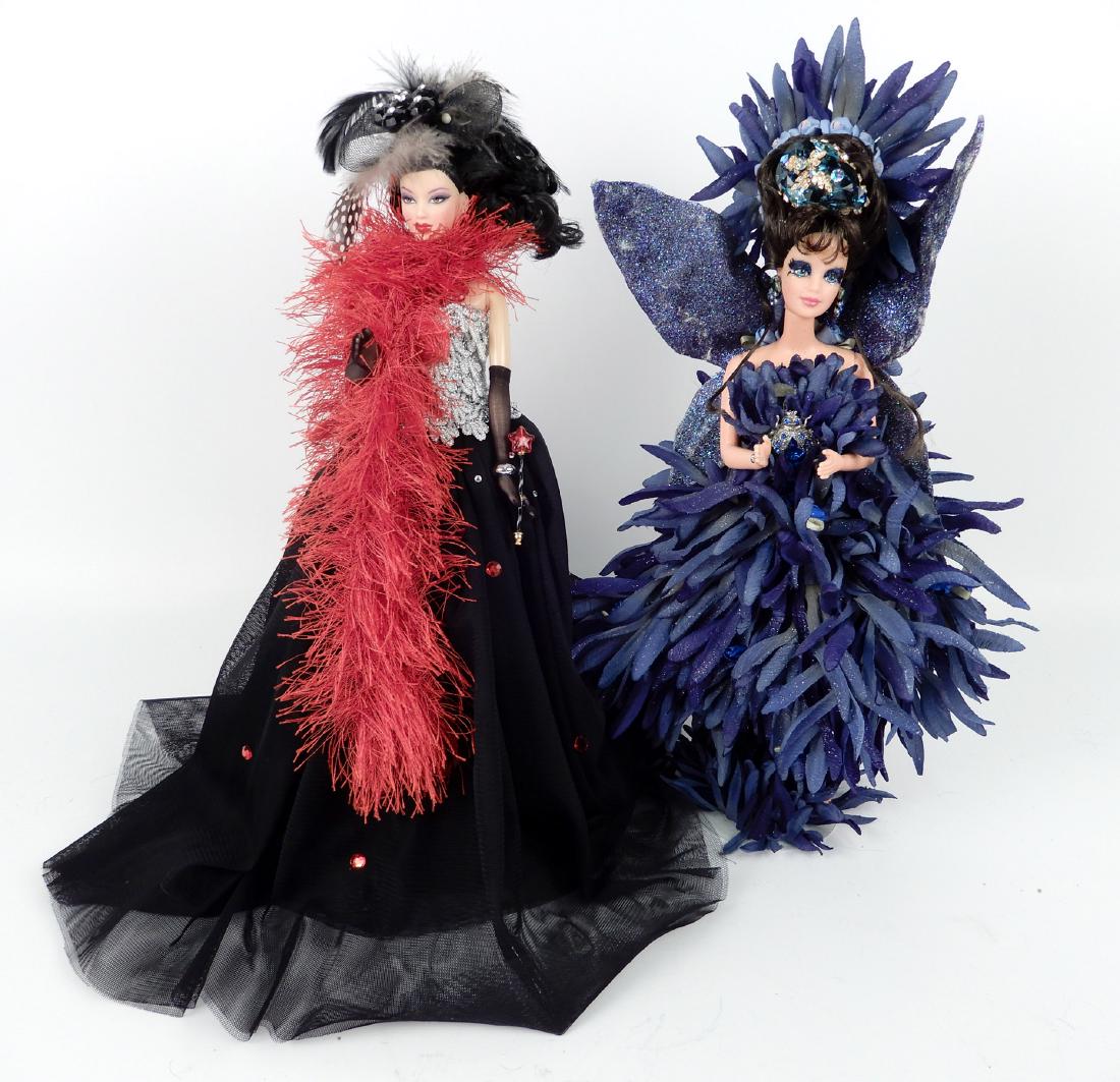 Two OOAK Barbie dolls: Two OOAK Barbie dolls, one in blue fairy costume, other in silver and black formal gown with red boa, 1990 - early 2000s, artists unknown, 14 1/2"