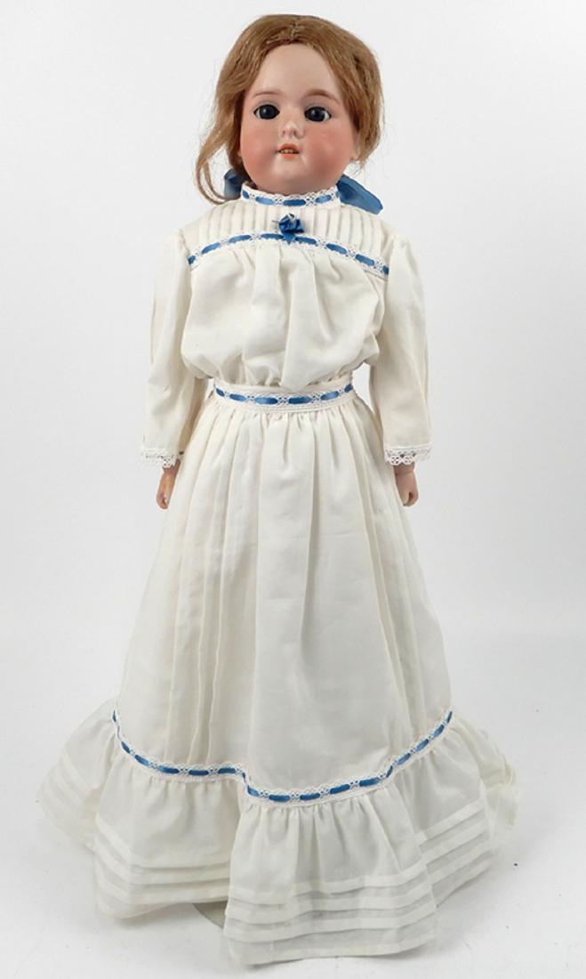 Armand Marseille 370 bisque shoulder head doll: Armand Marseille 370 bisque shoulder head doll, riveted kid body, bisque lower arms, blue glass sleep eyes, painted upper and lower lashes, eyebrows, open mouth with upper teeth, incised on shoulder "