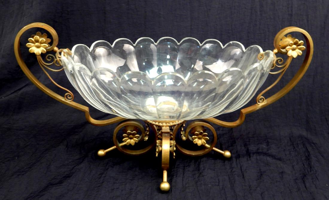 Bronze mounted French crystal center bowl: Bronze mounted French crystal center bowl, unmarked, 9 3/4" high x 19 1/2" x 9 1/2"