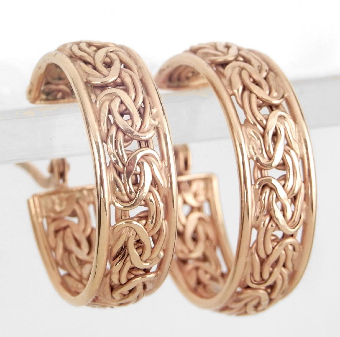Byzantine style 14k rose gold hoop earrings: Byzantine style 14k gold hoop earrings, 7/8" diameter, 6mm wide, stamped 14k AK Turkey, weight 4.3 grams/2.8 dwt