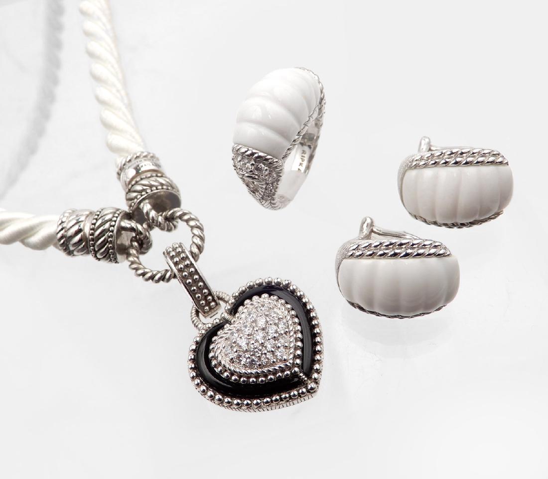 Judith Ripka sterling silver jewelry grouping: Judith Ripka sterling silver jewelry grouping, included are enameled clear CZ heart pendant on 17 1/2" white satin cord necklace with magnetic sterling silver end caps, pendant measures 1 3/8" long; r