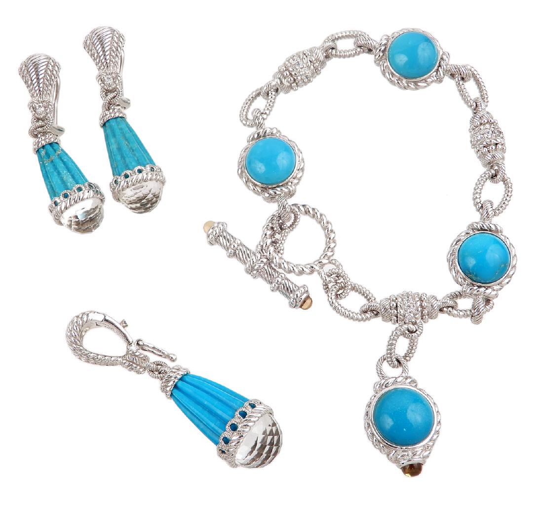 Judith Ripka sterling silver bracelet, pendant and: Judith Ripka sterling silver bracelet, pendant and earrings, 7" long bracelet with alternating stations of round turquoise colored stones and CZ's, hanging charm and toggle clasp, teardrop shaped pend