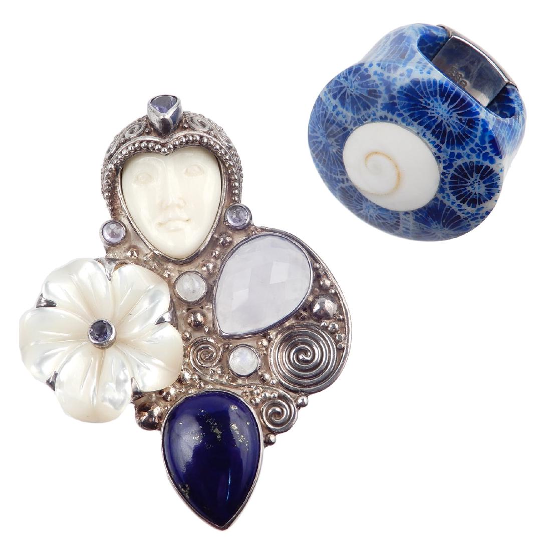 Sajen sterling silver brooch and ring: Sajen sterling silver brooch and ring, brooch depicting woman with carved face wearing headdress set with iolite, and mother of pearl flower; set with lapis lazuli, blue chalcedony, and small moonston