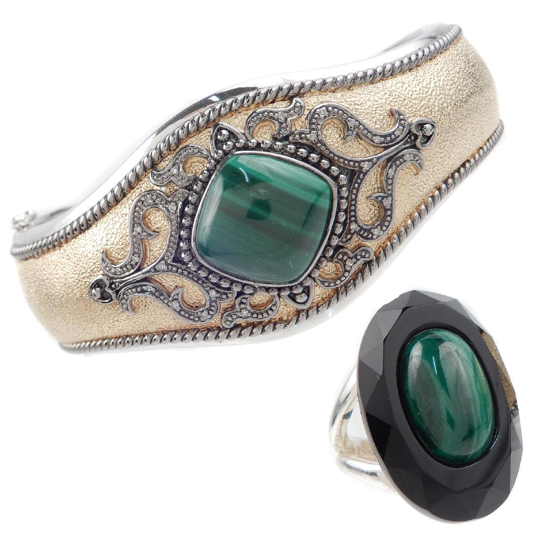 Sterling silver malachite hinged cuff bracelet and ring: Sterling silver malachite hinged cuff bracelet and ring, bracelet is set with one square malachite in center of oxidized silver work with gold tone background, inside dimensions 2 1/4" x 2", 1 1/8" wi