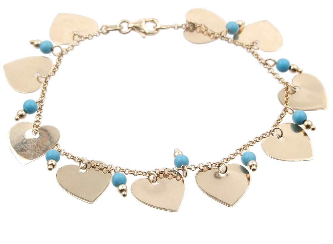 14k gold turquoise and heart charm bracelet: 14k gold turquoise and heart charm bracelet, ten heart charms alternating with turquoise beads on link chain, 7" long, hearts are 1/2" long, stamped 14k Italy, weight 6.9 grams/4.6 dwt
