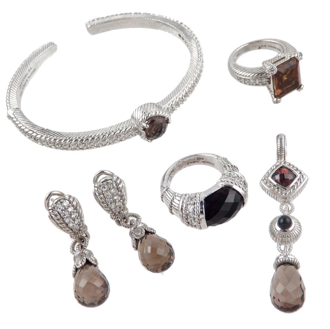 Judith Ripka sterling silver jewelry grouping: Judith Ripka sterling silver jewelry grouping, pieces feature smoky quartz color stones and CZ's, included are hinged cuff bracelet with heart shaped stone, inside dimensions 2 1/2" x 2" with a 1/2" o