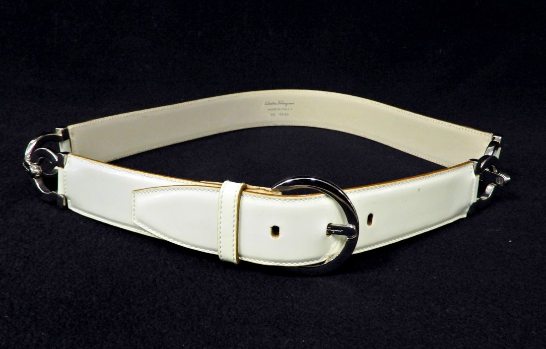 Salvatore Ferragamo leather belt: Salvatore Ferragamo leather belt, light gray leather with slightly darker leather in the back, with silver tone hardware, wearable length is 30" to 32",