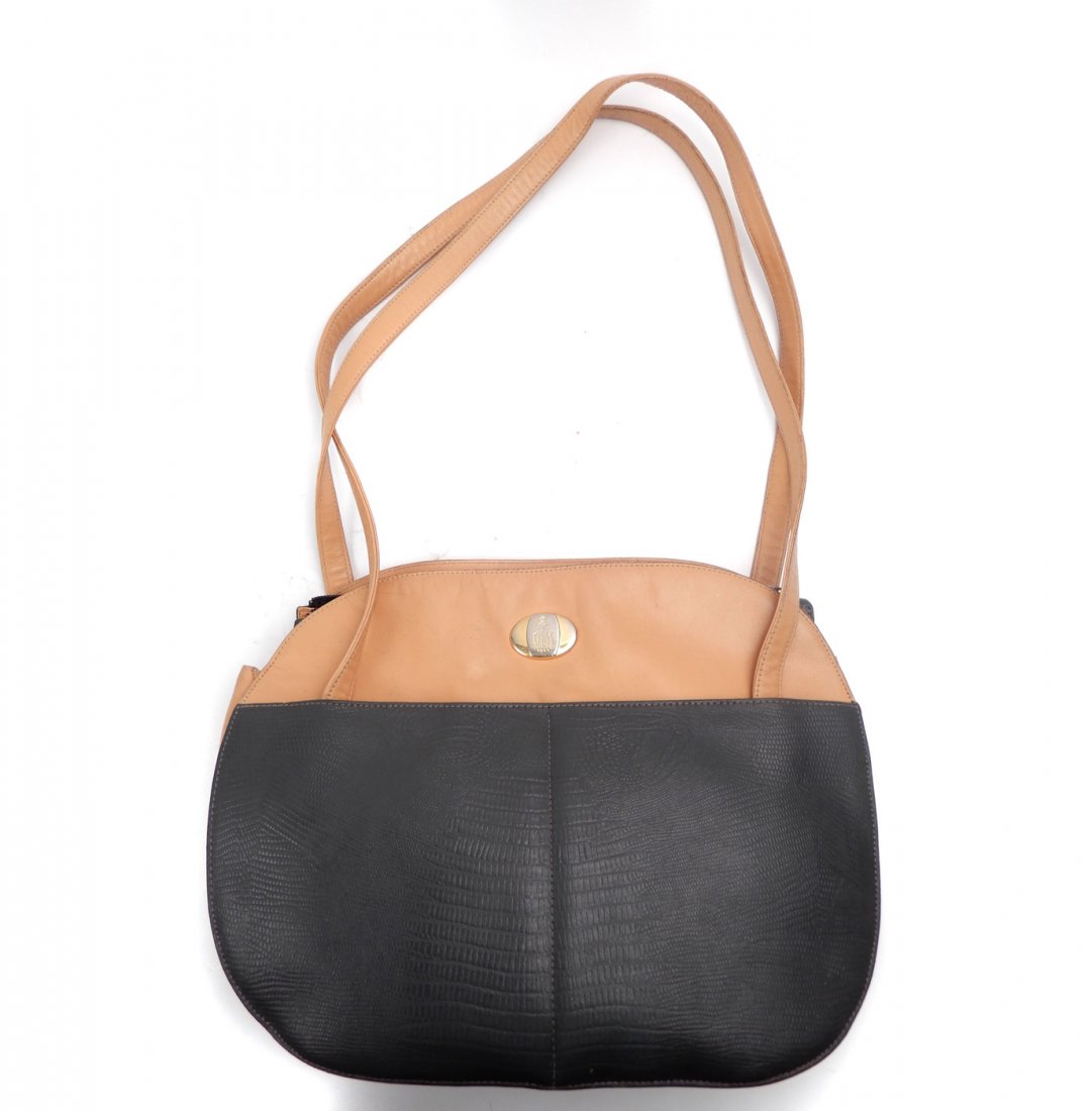 Mark Cross leather handbag: Mark Cross leather handbag, dark olive green and tan leather, body measures 13" long x 10" high x 4" deep, double handles with 13" drop, two sets of outer pockets, small zippered compartment inside, z