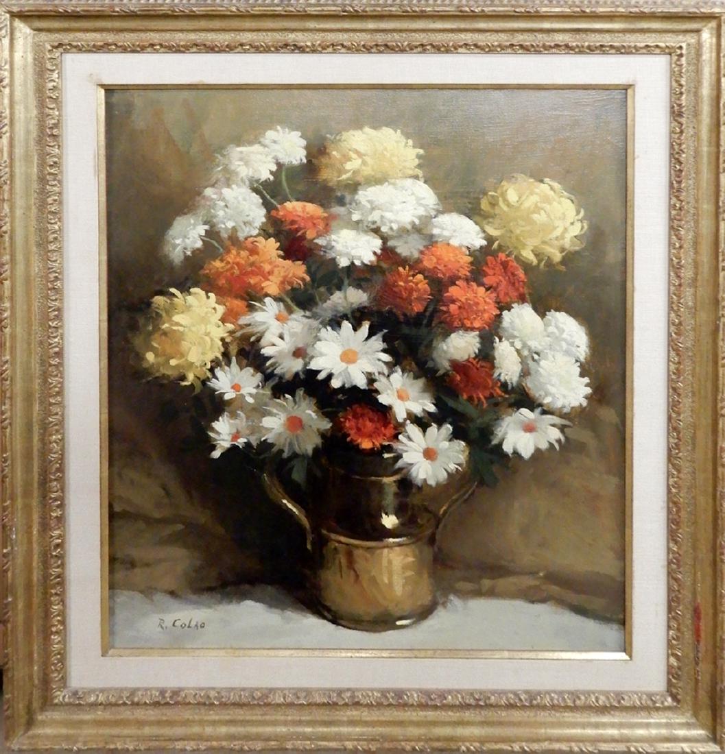 R. (Rudolph) Colao oil on canvas: R. (Rudolph) Colao oil on canvas, still life with flowers and brass pitcher, signed lower left, sight size 31" x 24", frame size 38" x 33"