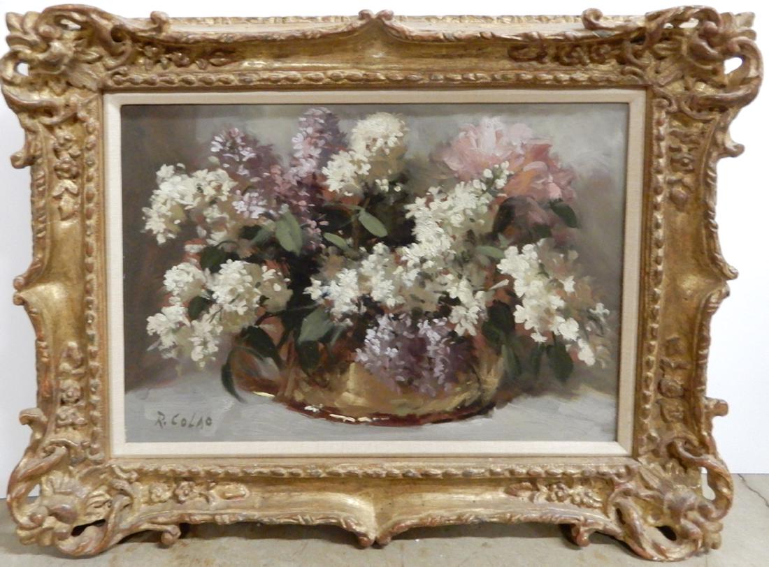 R. (Rudolph) Colao oil on board: R. (Rudolph) Colao oil on board, floral still life, lilacs in a brass container, signed lower left, sight size 12" x 16", frame size 17" x 21"