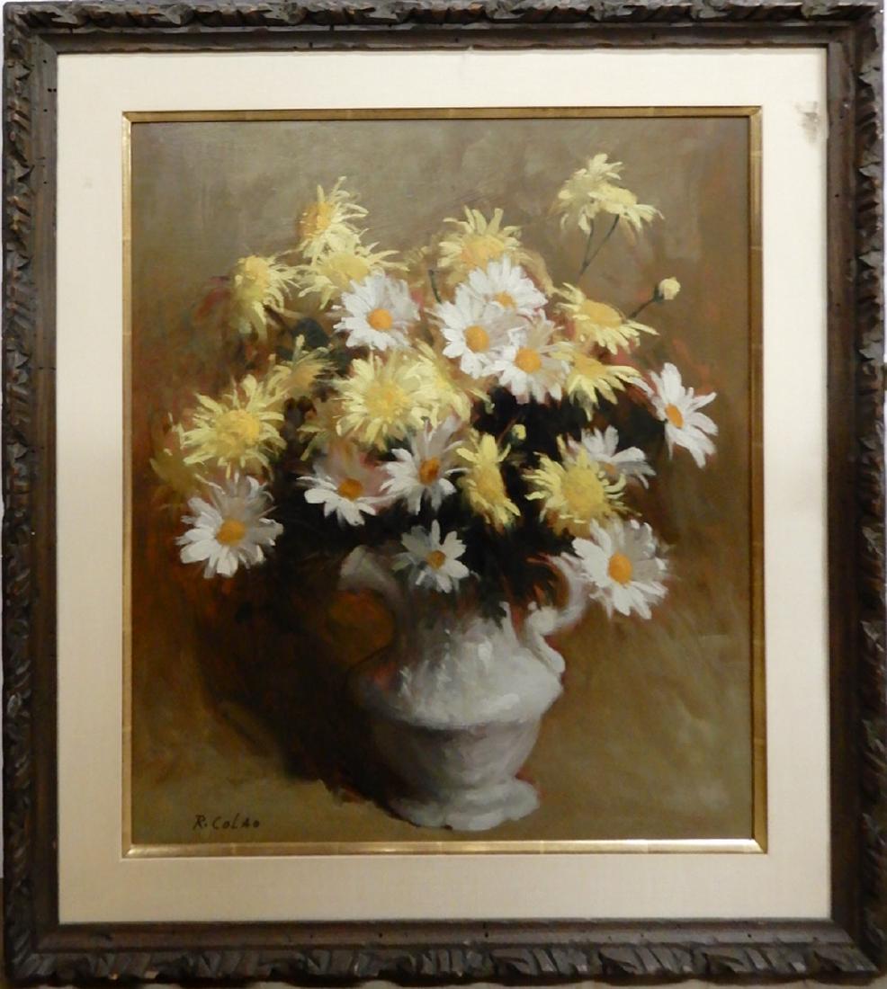 R. (Rudolph) Colao oil on canvas: R. (Rudolph) Colao oil on canvas, still life with daisies in a white pitcher, signed lower left, sight size 24" x 20", frame size 31" x 27"