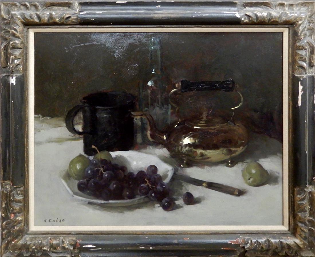 R. (Rudolph) Colao oil on board: R. (Rudolph) Colao oil on board, still life with fruit, brass pitcher and bottles, signed lower left, sight size 20" x 24", frame size 26" x 30"