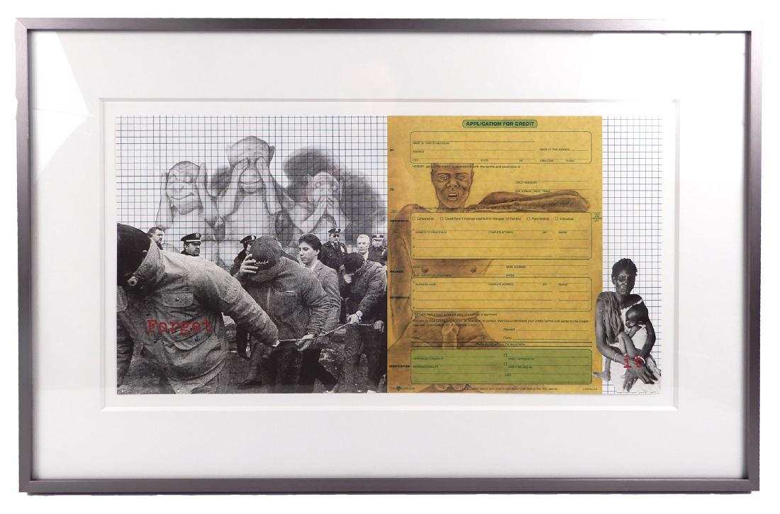 Adrian Piper offset lithograph on paper: Adrian Piper offset lithograph on paper "Forget it", signed and numbered 34/100, and stamped in red with photo, printer and publisher credits on verso, sight size 17" x 28", frame size 18" x 28 1/2"