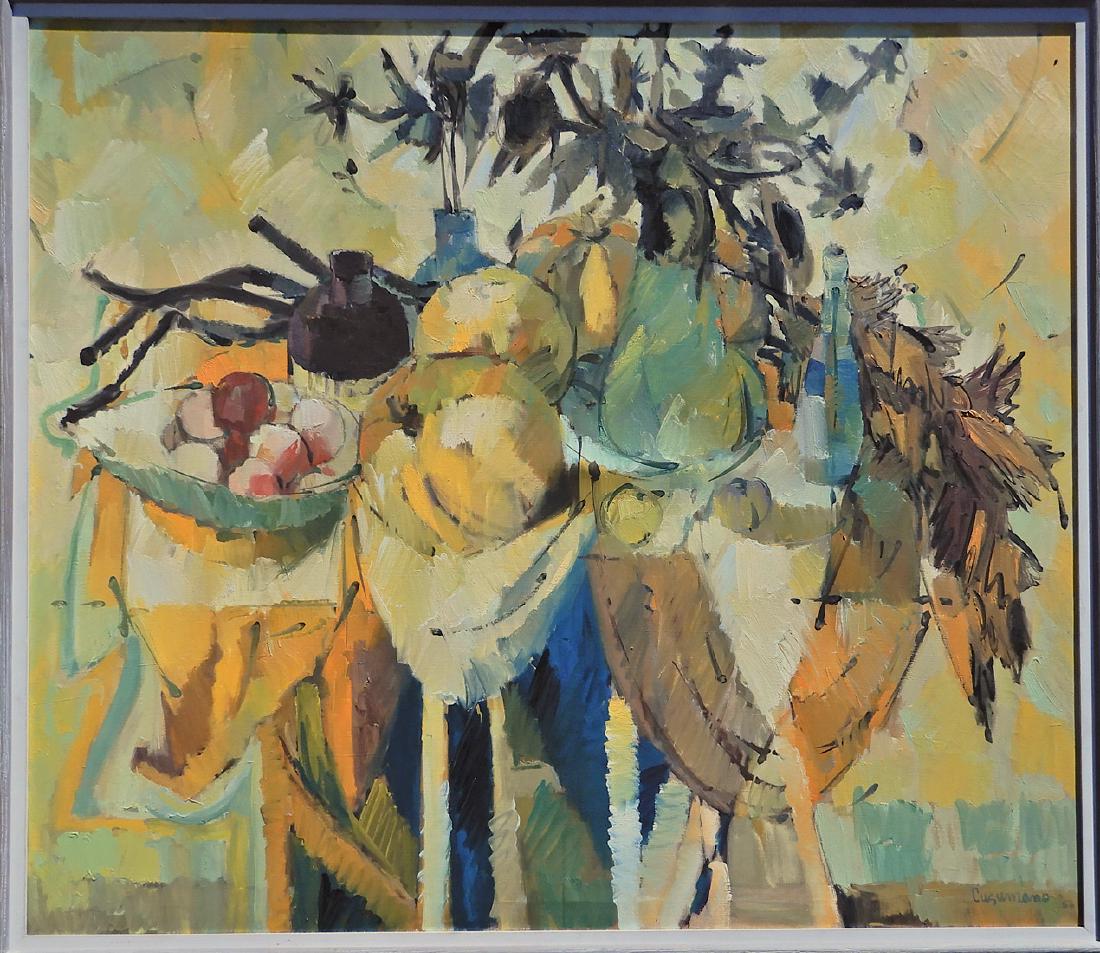 (Stefano) Cusumano oil on canvas: (Stefano) Cusumano oil on canvas, still life with fruit and flowers, signed lower right and dated '56, Passedoit Gallery NY label on verso, sight size 46" x 50", frame size 48" x 53"