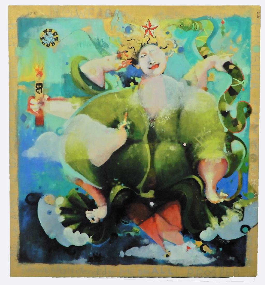 Slade Graves acrylic on canvas: Slade Graves acrylic on canvas "No Weapon Intended For Me Shall Prosper", signed lower right, sight size 68" x 62", unframed, Hrefna Jonsdottir G allery label on verso