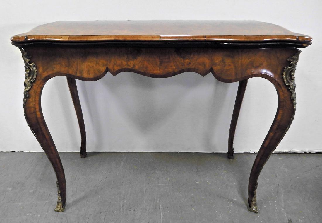 Louis XV inlaid burled rosewood game table, bronze: Louis XV inlaid burled rosewood game table, bronze ormolu, 30 1/2" high, x 40" x 20 1/2" (closed) 38" (open)