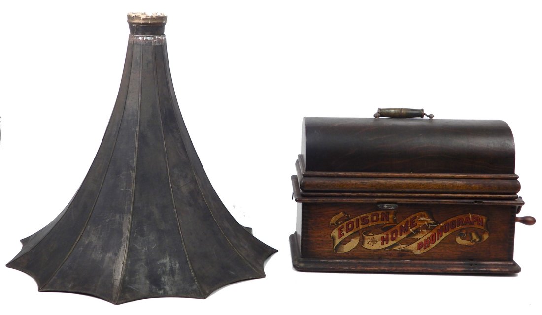 Edison Home Phonograph and horn: Edison Home Phonograph and horn, stamped H39842, with two piece morning glory horn, 12" x 18" x 8 1/2"
