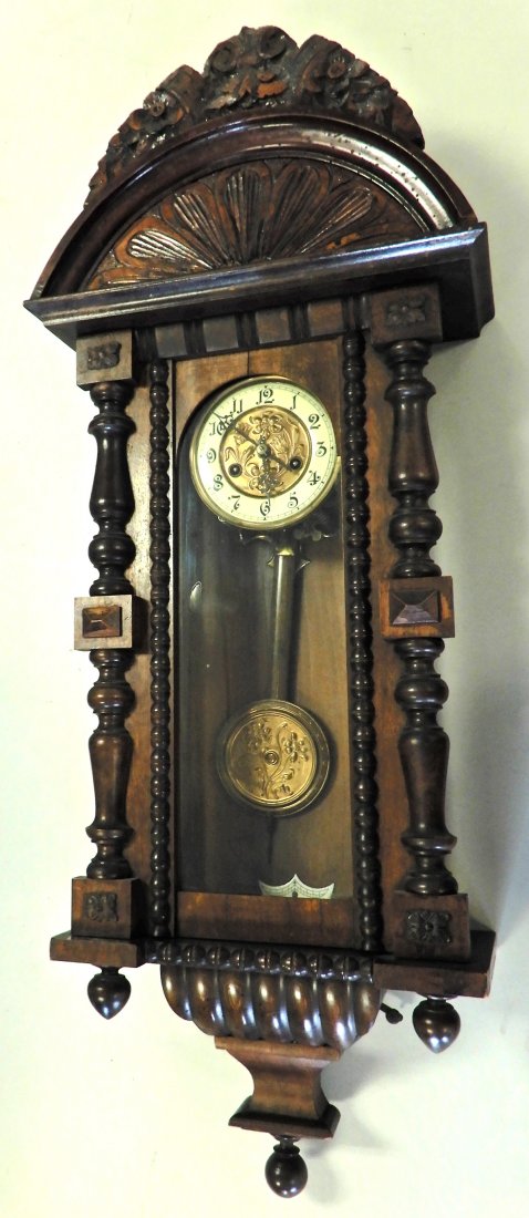 Regulator clock: Regulator clock, German Art Nouveau, walnut cased, 42" x 14" x 6 1/2"