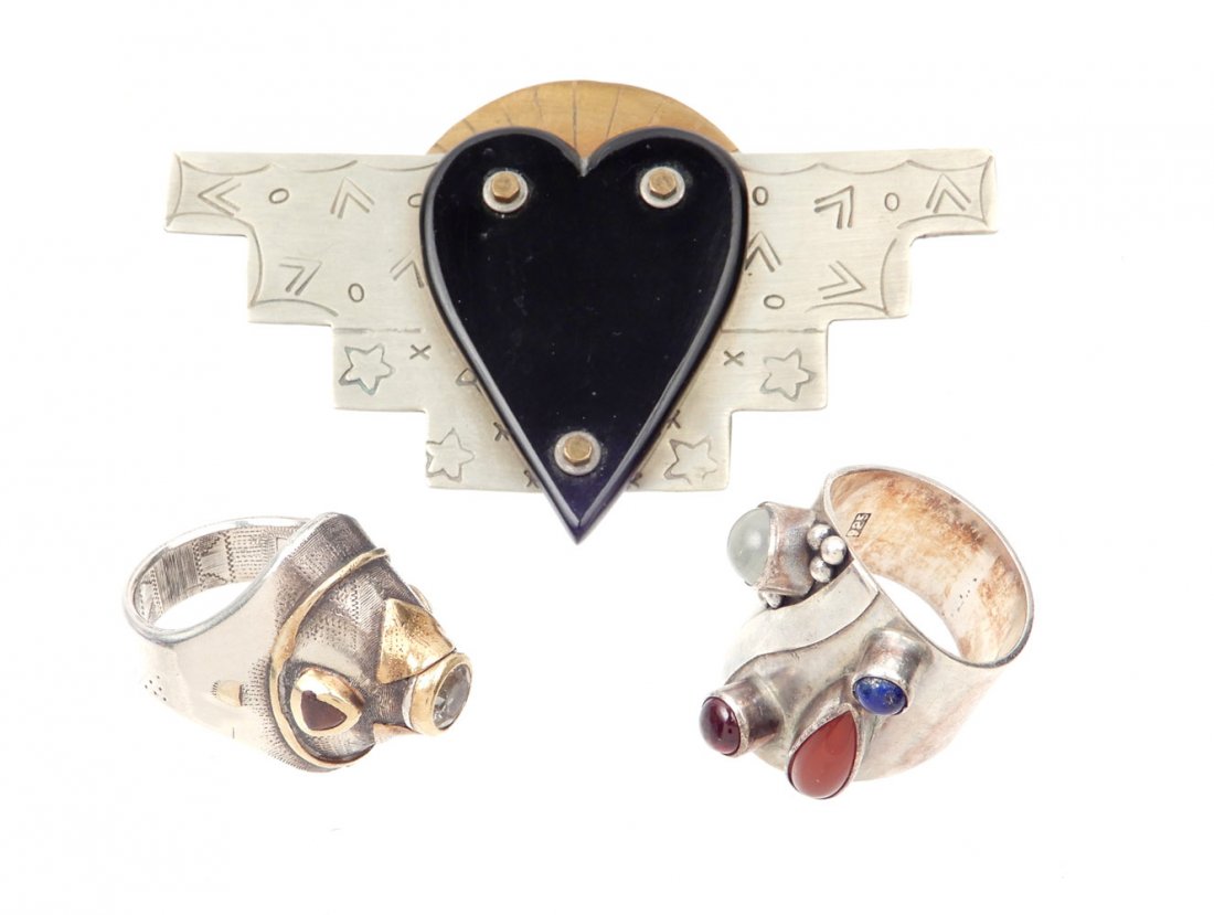 Artisan handmade mixed metals jewelry grouping: Artisan handmade mixed metals jewelry grouping, included are Thomas Mann mixed metals brooch with black heart, 2 15/16" across, signed TM design with artist's signature, sterling silver multi-stone ri