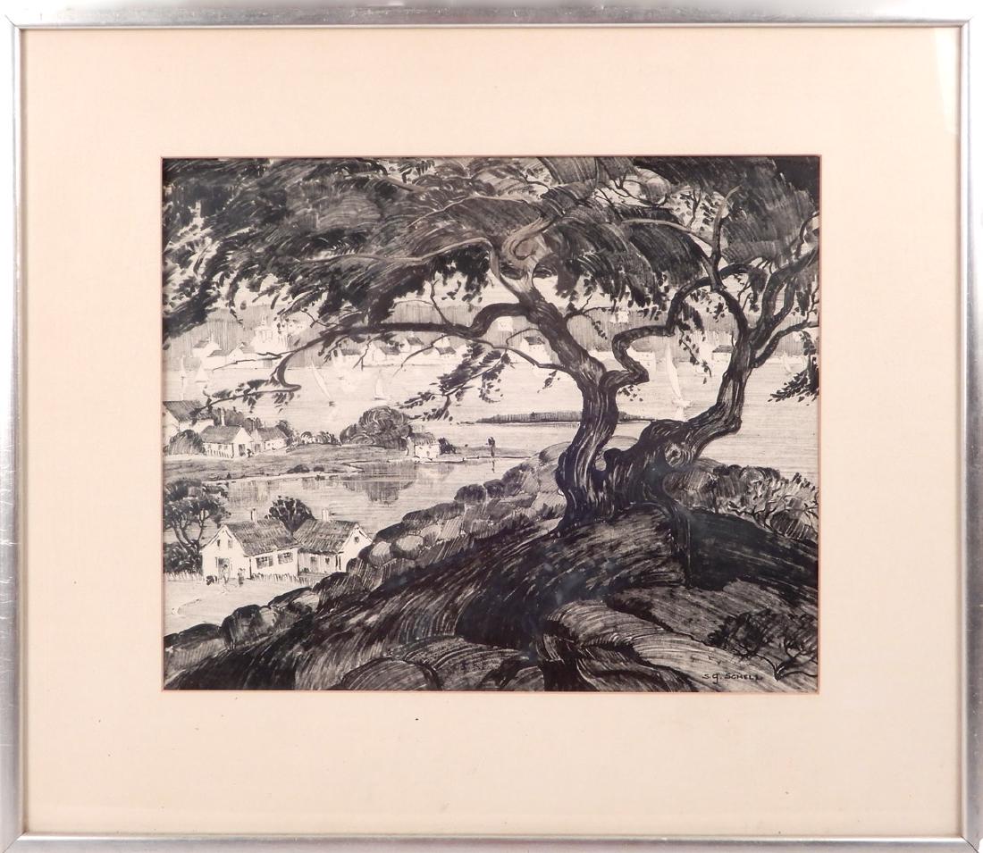 S. (Susan) G. (Gertrude) Schell wax marker on paper: S. (Susan) G. (Gertrude) Schell wax marker on paper, landscape with large tree in foreground, signed lower right, from the Estate of Davis P. Meltzer, sight size 11 1/2" x 13 1/2", frame size 19" x 21