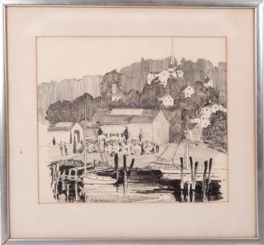 S. (Susan) G. (Gertrude) Schell wax marker on paper: S. (Susan) G. (Gertrude) Schell wax marker on paper, "Mystic Art Association" landscape with harbor, signed bottom center, attached label on verso, from the Estate of Davis P. Meltzer, sight size 10 1
