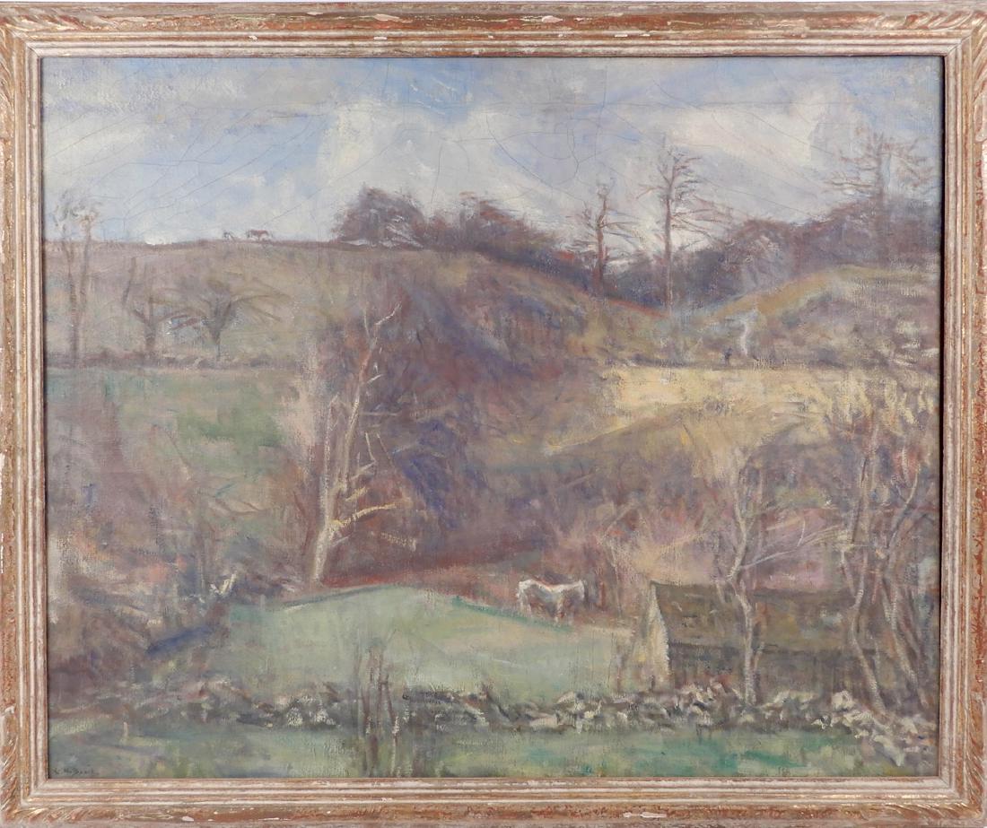 Charles Harold Davis oil on canvas: Charles Harold Davis oil on canvas board "April" landscape with horses, signed lower left, attached label on verso "Artist Chas H. Davis, Subject "April", Owner Davis Paul Meltzer, Bequest from Mrs. C