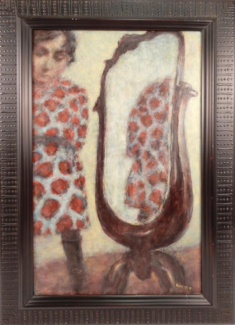 Barry Snyder oil on canvas: Barry Snyder oil on canvas "Reflection", signed lower right, Jonsdottir Gallery label and gallery seal on verso, sight size 29" x 16", frame size 36" x 23"