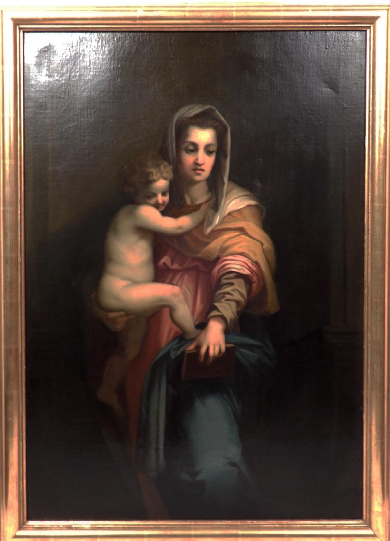 Continental School oil on canvas: Continental School oil on canvas, Madonna and Child, sight size 34" high x 22 1/2", frame size 39" x 27"