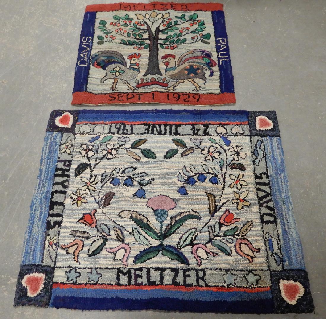 Two hooked rugs from the Estate of Davis Meltzer: Two hooked rugs from the Estate of Davis Meltzer, "Davis Paul Meltzer 1929" with roosters and tree, 32" x 34", and "Davis, Phyllis Meltzer 24 June 1967" with floral design and hearts
