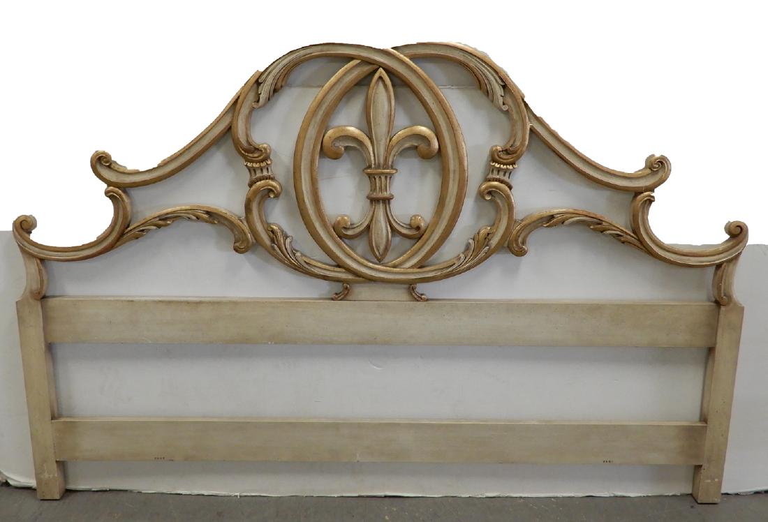 John Widdicomb headboard: John Widdicomb headboard, finished in parchment and gold leaf, with 1962 receipt and letter from Wanamaker's Interior Design Department, 52" x 6'5"