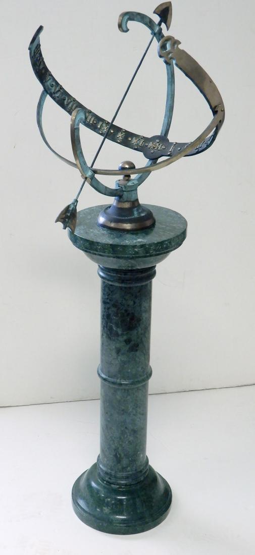 Bronze armillary sundial on marble stand: Bronze armillary sundial on marble stand, armillary sundial 20" x 18" diameter, green marble stand 34"