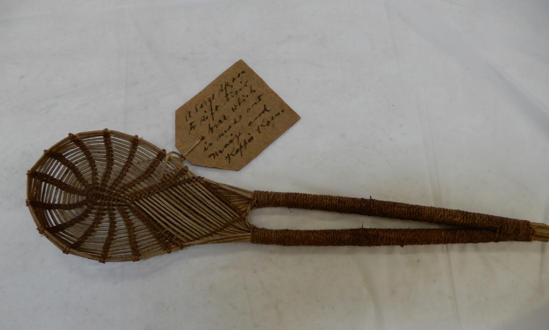 Box of tools, yucca roots, etc.: Box of tools including woven sifting spoon, yucca roots, etc., largest piece 16 1/2"